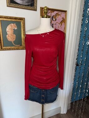 Vintage Y2K Red Off-Shoulder Ruched Long-Sleeve Women's Top